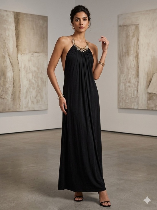 Sky Dresses & Skirts - Sky Black Halter Maxi Dress with Gold Neck Detail